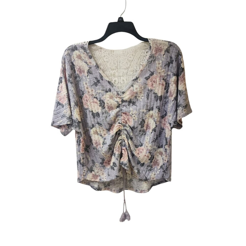 Absolutely Famous Purple Pink Women's Scrunched Pastel Floral Top Size 1X